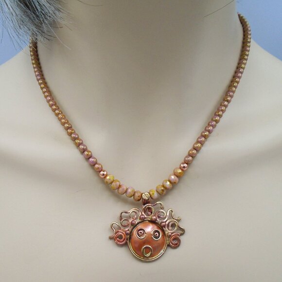NEW ~ OPAQUE ROSE CZECH GLASS Beaded Necklace with Woman's Face Copper Pendant - Picture 1 of 3